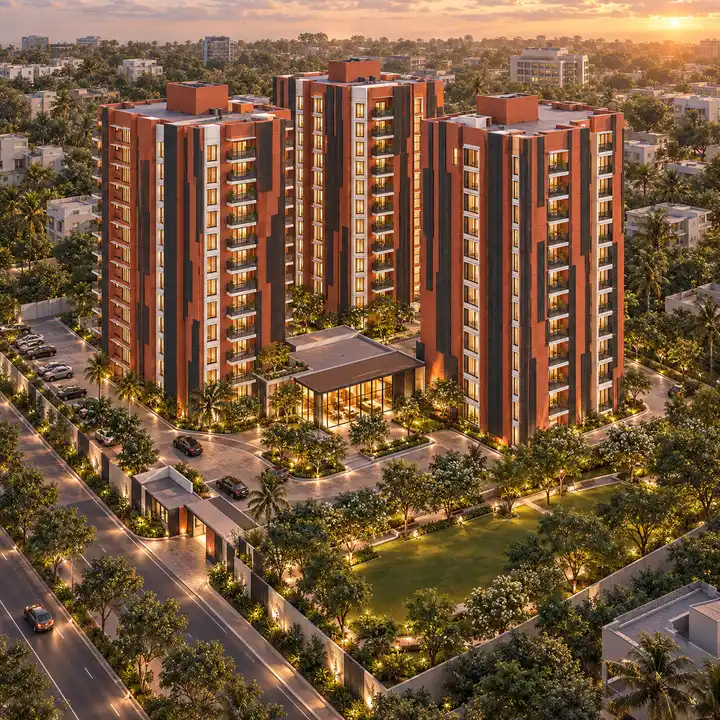 Splendid Evora aerial view of three towers around a single-storey amenity block, artist's impression